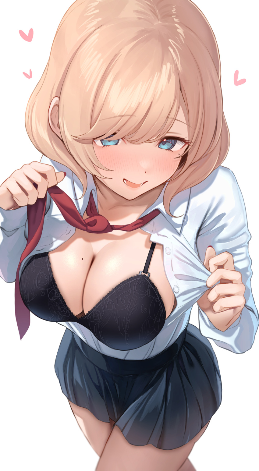 1girl absurdres black_bra black_skirt blonde_hair blue_shirt blush bra breasts cleavage commentary_request copyright_request heart highres large_breasts long_sleeves looking_at_viewer medium_hair mole mole_on_breast necktie open_mouth ray_mil68 red_necktie shirt simple_background skirt solo standing thighs underwear white_background