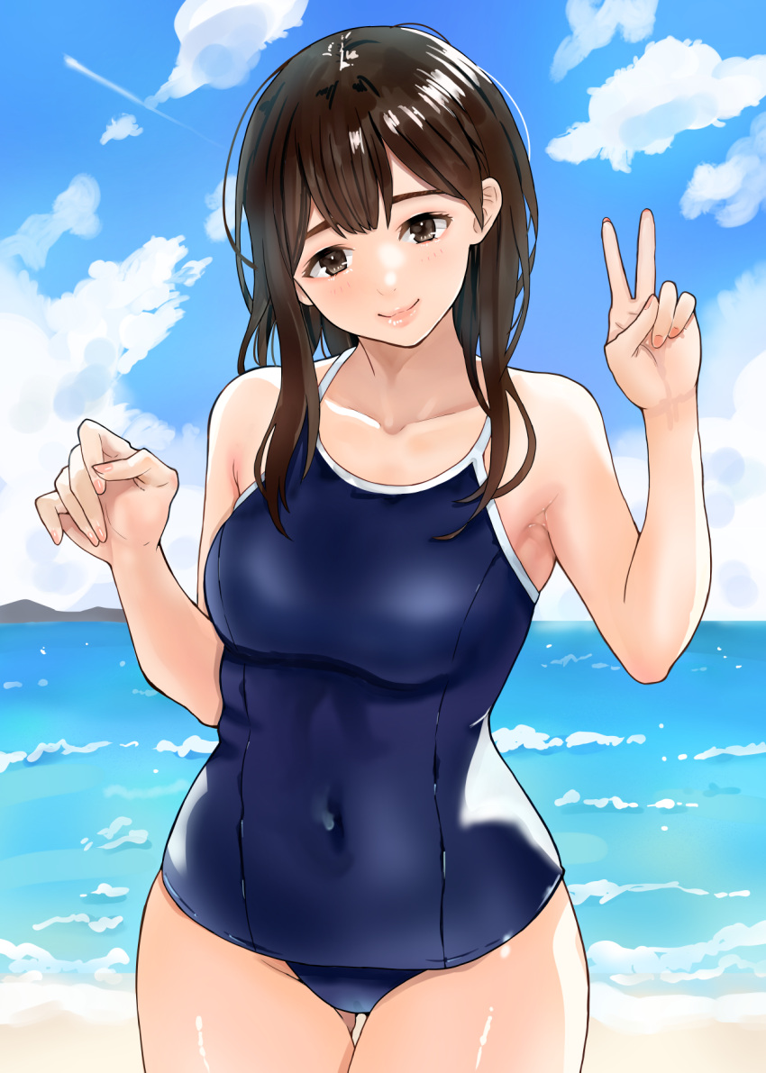 1girl beach black_hair blue_one-piece_swimsuit blue_sky breasts brown_eyes cloud commentary_request competition_school_swimsuit covered_navel day highres horizon long_hair medium_breasts nobita_(nbnobita) ocean old_school_swimsuit one-piece_swimsuit original outdoors school_swimsuit sky solo swimsuit thigh_gap v