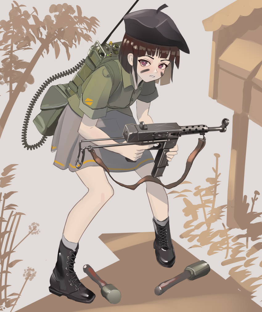 1girl absurdres anti-tank_grenade backpack bag bent_over beret black_footwear black_hat blunt_ends bob_cut boots branch bright_pupils brown_eyes brown_hair cable commentary english_commentary explosive facepaint finger_on_trigger foliage full_body green_bag green_skirt grenade grey_skirt grey_socks grimace gun hat highres holding holding_gun holding_weapon klottinen light_blush mailbox_(incoming_mail) military original outdoors pigeon-toed radio radio_antenna short_hair skirt socks solo squatting strap submachine_gun weapon weapon_request white_background