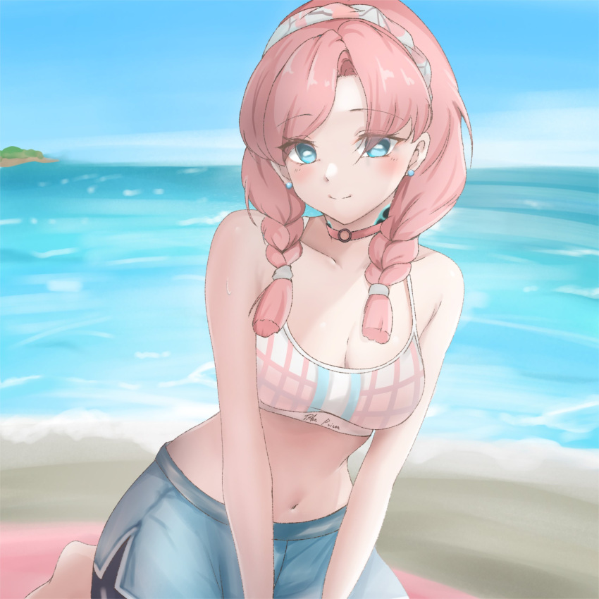 1girl absurdres arknights bare_arms bare_shoulders beach blue_eyes blue_poison_(arknights) blue_poison_(shoal_beat)_(arknights) blue_shorts braid breasts bright_pupils choker cleavage commentary_request crop_top earrings hairband highres jewelry long_hair looking_at_viewer mameppu medium_breasts midriff navel ocean pink_choker pink_hair shorts smile solo sports_bra stomach twin_braids water white_pupils