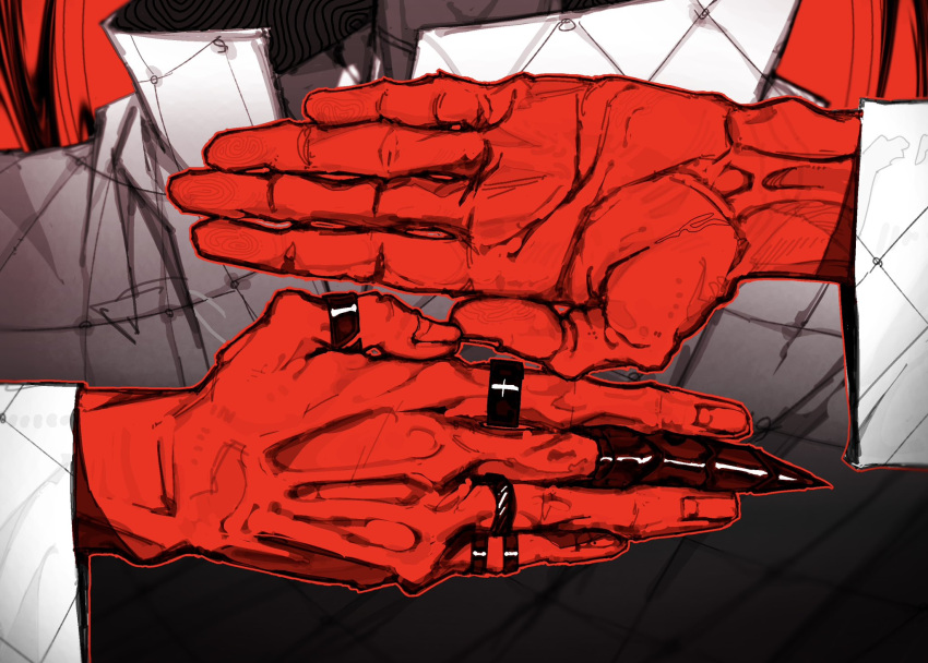 close-up colored_skin finger_claws hand_focus highres jacket jewelry karemiya_knife long_sleeves multiple_rings open_hands original own_hands_together red_skin ring tagme white_jacket