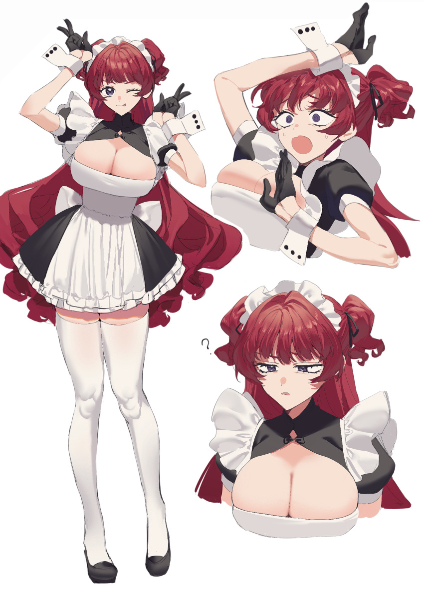 1girl 2l_(2lsize) :p ? anemone_(2l) apron black_dress breasts cleavage confused double_v dress gloves grey_eyes highres large_breasts long_hair looking_at_viewer maid maid_headdress multiple_views open_mouth original red_hair simple_background surprised sweat thighhighs tongue tongue_out two_side_up v very_long_hair white_apron white_background white_thighhighs wrist_cuffs zettai_ryouiki