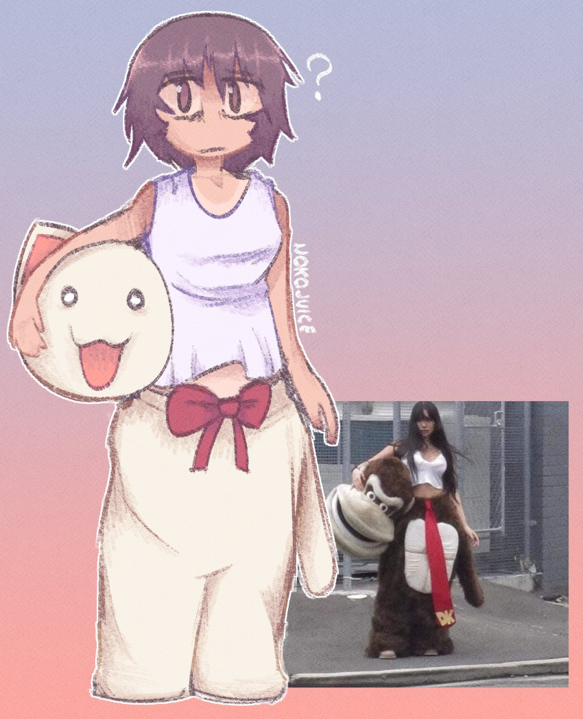 2girls :3 :| ? arm_at_side azumanga_daioh bare_shoulders brown_eyes brown_hair character_costume closed_mouth dark-skinned_female dark_skin donkey_kong english_commentary expressionless full_body gradient_background highres holding_mascot_head kagura_(azumanga_daioh) looking_at_viewer mascot_costume mascot_head medium_hair multiple_girls necktie nokojuice red_necktie red_ribbon reference_inset ribbon shirt signature sleeveless standing tank_top white_shirt