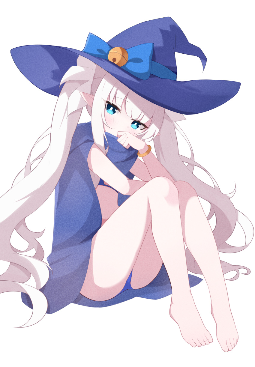 1girl bare_legs barefoot bell bikini blue_bikini blue_bow blue_cape blue_eyes blush bow bracelet cape cloak feet full_body hat hat_bow highres jewelry jingle_bell knees_up legs long_hair looking_at_viewer original pointy_ears rokukarashi simple_background sitting solo swimsuit toes twintails very_long_hair white_background white_hair witch_hat