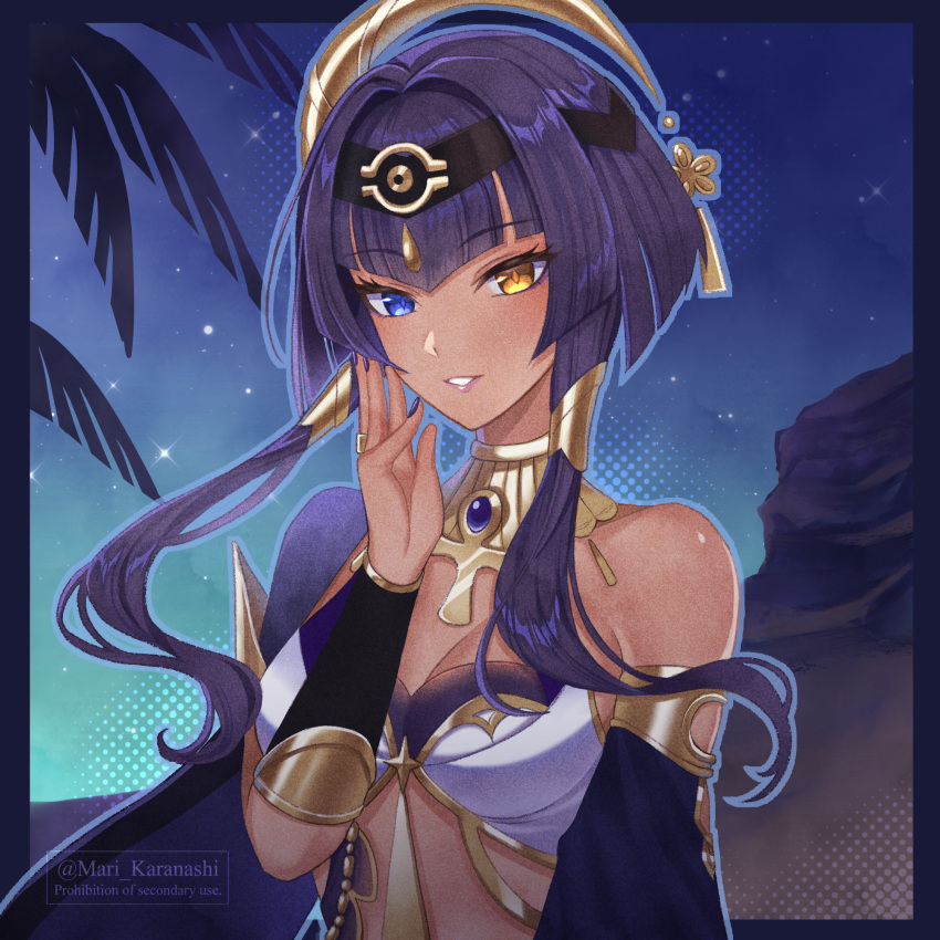 1girl ankh ankh_necklace artist_name bare_shoulders blue_eyes blue_hair border breasts candace_(genshin_impact) commentary_request dark-skinned_female dark_skin egyptian_clothes eye_of_horus genshin_impact hair_ornament hand_up heterochromia highres jewelry karanashi_mari looking_at_viewer midriff night night_sky palm_leaf short_hair_with_long_locks sidelocks sky smile solo upper_body yellow_eyes