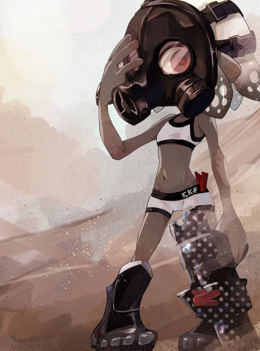 .52_gal_(splatoon) 1girl absurdres bare_arms bare_shoulders black_footwear boots boyshort_panties dark-skinned_female dark_skin gas_mask groin hand_on_mask hand_up highres holding inkling_girl inkling_player_character koike3582 legs_apart mask navel red_eyes short_hair solo splatoon_(series) sports_bra standing tentacle_hair white_hair