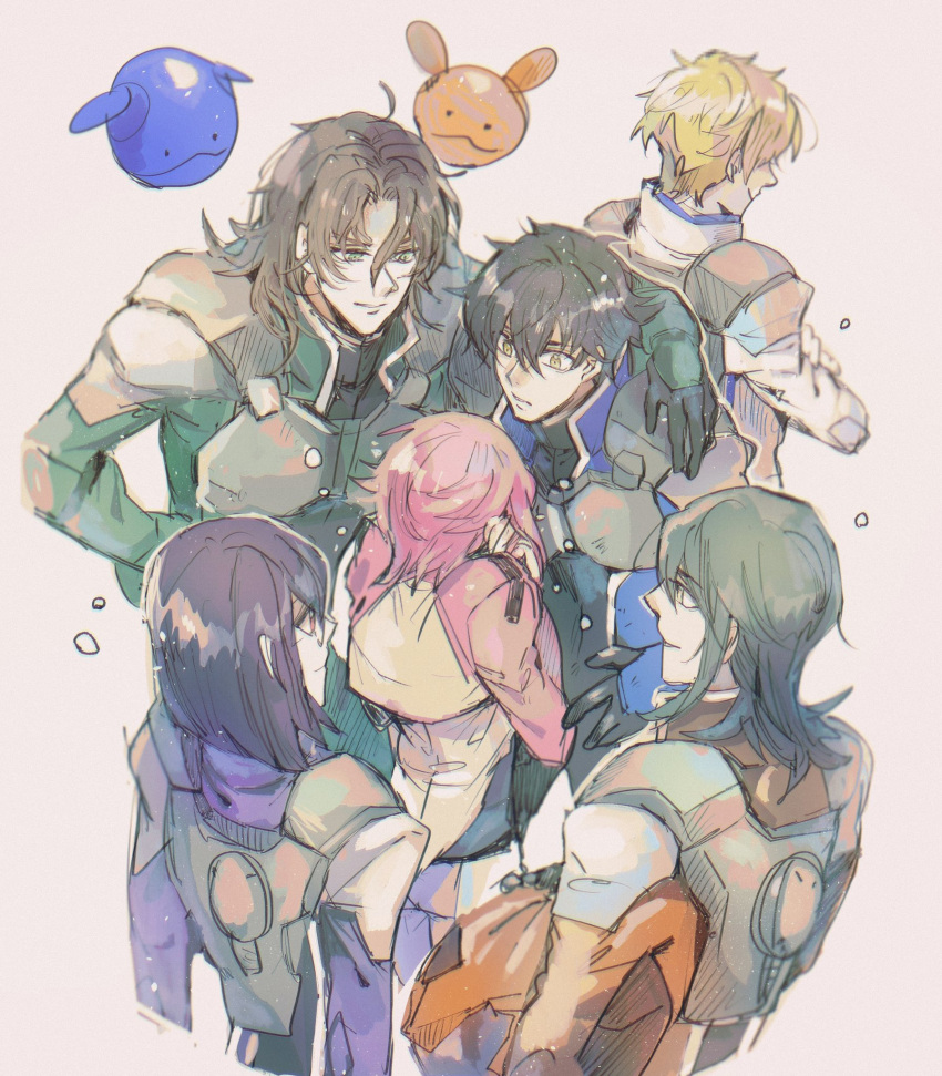 1girl 5boys allelujah_haptism black_hair blonde_hair brown_hair celestial_being_uniform feldt_grace glasses graham_aker gundam gundam_00 haro highres kare_(0621utak) lockon_stratos multiple_boys normal_suit pilot_suit pink_hair robot setsuna_f._seiei smile tears tieria_erde