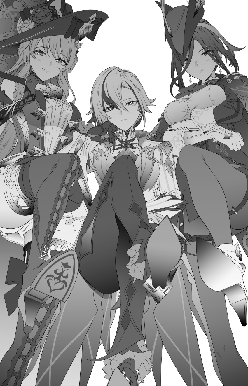 3girls absurdres ankle_boots arlecchino_(genshin_impact) arms_under_breasts boots breasts button_gap buttons cape clorinde_(genshin_impact) coat corset crossed_arms crossed_legs dress epaulettes genshin_impact greyscale hat high_heels highres large_breasts leg_up long_hair looking_at_viewer monochrome multiple_girls navia_(genshin_impact) pants pantyhose shirt showgirl_skirt symbol-shaped_pupils takai_isshiki thigh_boots thighhighs tricorne white_background x-shaped_pupils