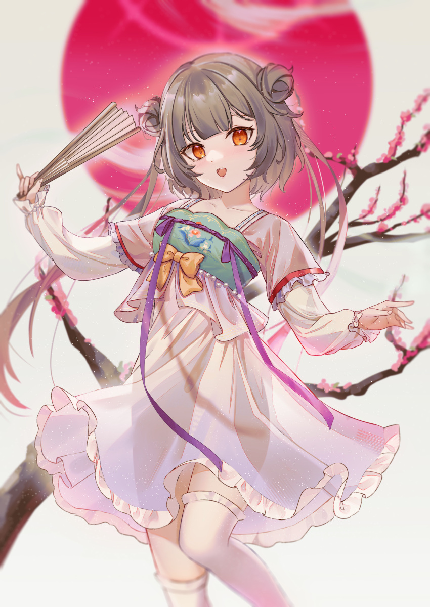 1girl absurdres branch brown_hair chinese_clothes double_bun dress folding_fan hair_bun hand_fan hanfu highres holding holding_fan long_sleeves looking_at_viewer open_mouth orange_eyes qixiong_ruqun ribbon ruqun see_through see_through_sleeves smile solo thighhighs white_thighhighs