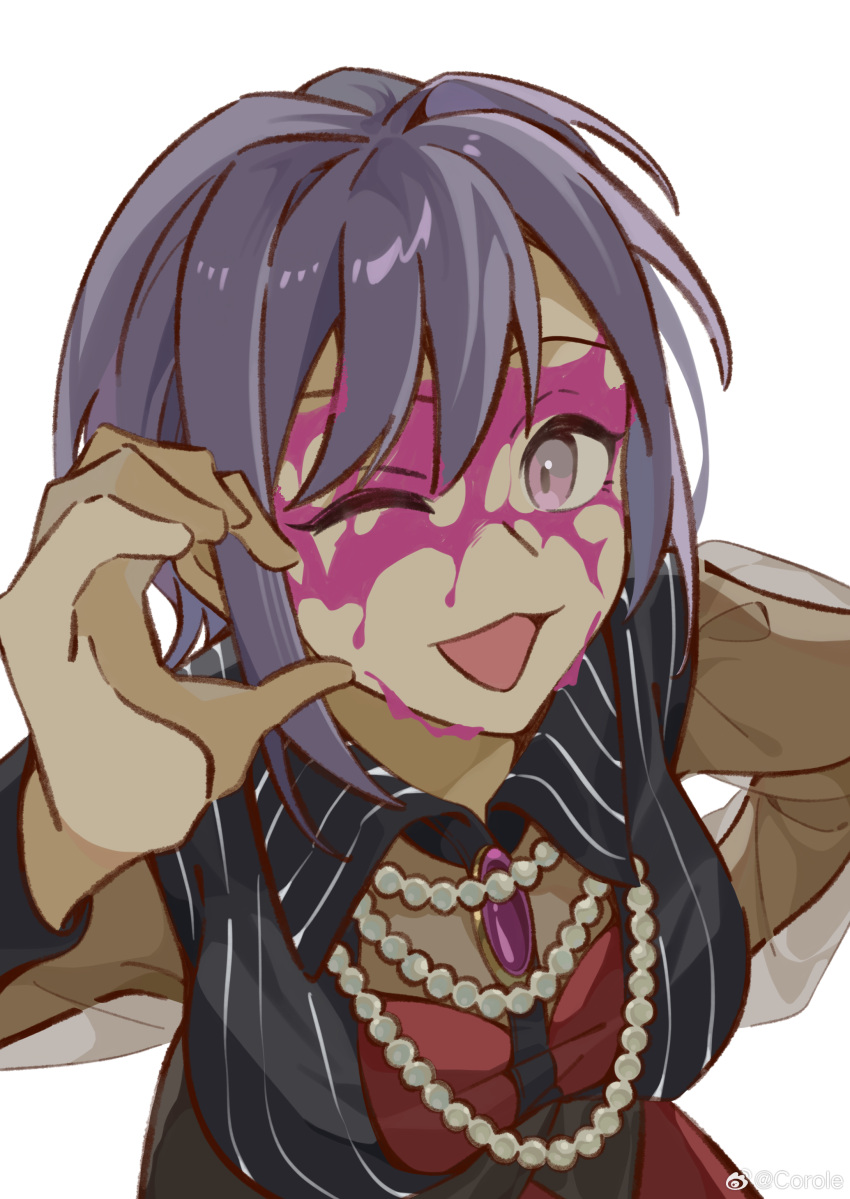 1girl :3 absurdres bang_dream! bang_dream!_it's_mygo!!!!! bead_necklace beads black_vest blood blood_on_face commentary half-heart_hands highres jewelry looking_at_viewer necklace one_eye_closed open_mouth purple_blood purple_brooch purple_eyes purple_hair see-through see-through_sleeves short_hair simple_background solo upper_body vest white_background yui_k_(yuik48074789) yuutenji_nyamu