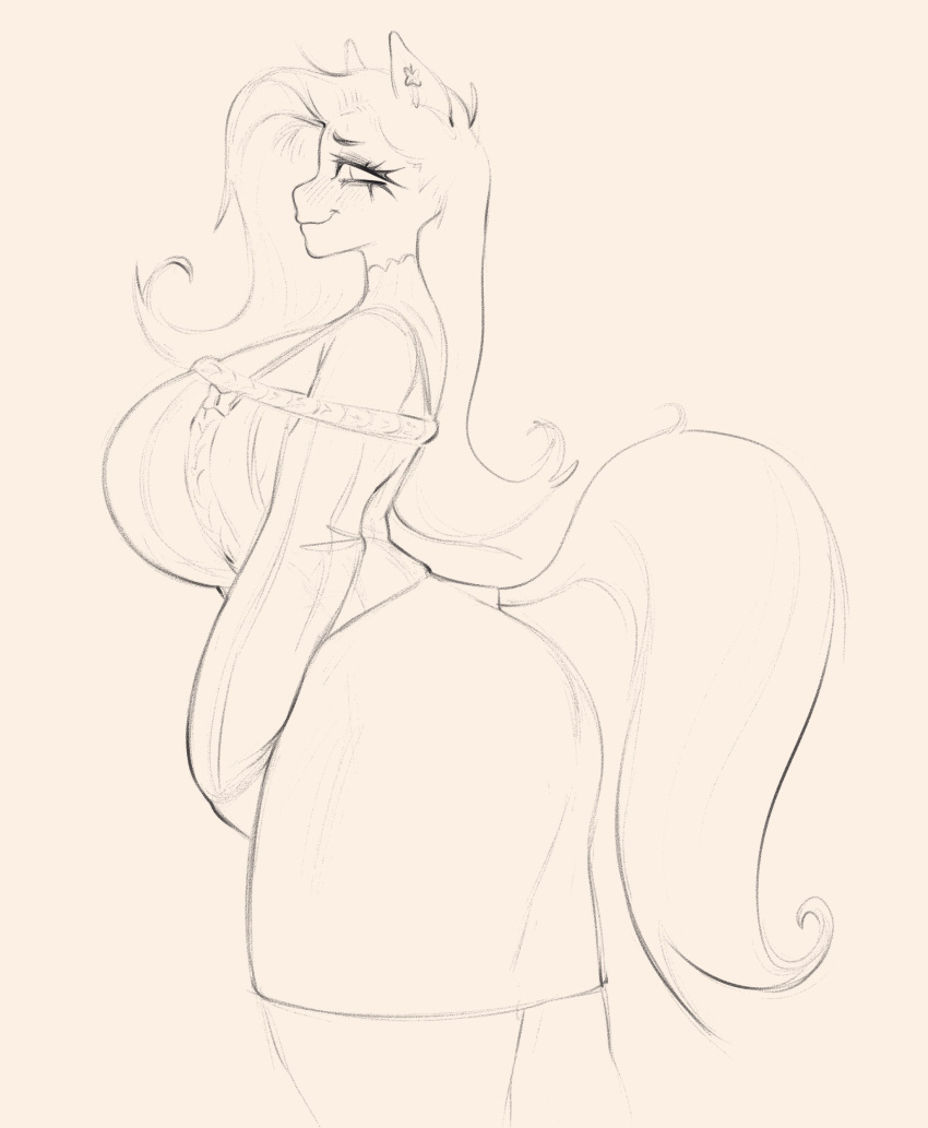 absurd_res anthro anthrofied big_breasts blush blush_lines bottomwear breasts clothing curvy_figure dress equid equine exposed_shoulder eyelashes female fluttershy_(mlp) friendship_is_magic hair hasbro hi_res horse mammal monochrome mrfuga my_little_pony pony shoulderless_sweater skirt smile solo sweater tail topwear voluptuous