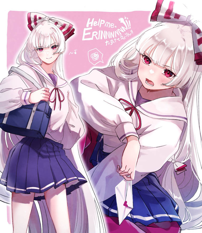 1girl absurdly_long_hair alternate_costume artist_logo bag blue_skirt bow commentary_request english_text feet_out_of_frame fujiwara_no_mokou hair_bow highres holding holding_letter letter long_hair long_sleeves looking_at_viewer mokoiscat multiple_views musical_note open_mouth pants pleated_skirt red_bow red_eyes red_pants red_ribbon ribbon school_bag school_uniform serafuku shirt skirt spoken_squiggle squiggle touhou two-tone_bow very_long_hair white_bow white_hair white_shirt