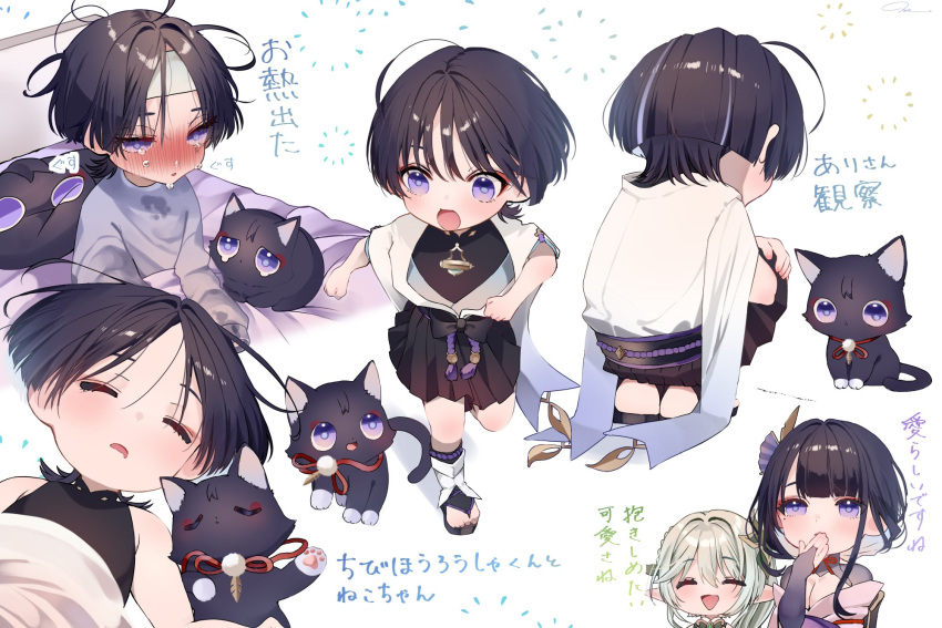 1boy 2girls aged_down animal bed black_cat black_hair blush breasts cat child cleavage closed_eyes crying genshin_impact hair_ornament highres japanese_clothes ma_d_k_89 male_focus messy_hair mole mole_under_eye multiple_girls multiple_views nahida_(genshin_impact) nose_blush open_mouth purple_eyes raiden_shogun scaramouche_(cat)_(genshin_impact) scaramouche_(genshin_impact) sick signature simple_background sitting sleeping sleeveless solo_focus tears translation_request under_covers white_background