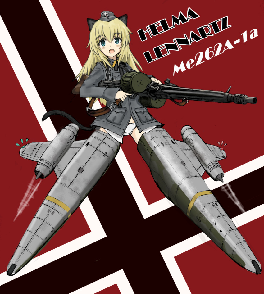 1girl animal_ears bangs black_neckwear blonde_hair blue_eyes cat_ears cat_tail character_name commentary crotch_seam drum_magazine dual_drum_magazine eyebrows_visible_through_hair flying garrison_cap grey_headwear grey_jacket gun hat helma_lennartz highres holding holding_gun holding_weapon imperial_german_flag jacket long_hair long_sleeves looking_at_viewer machine_gun mg42 military military_hat military_uniform motion_blur neck_ribbon no_pants open_mouth panties ribbon smile solo striker_unit tail turkeysand_(fernandear_504) underwear uniform weapon white_panties world_witches_series