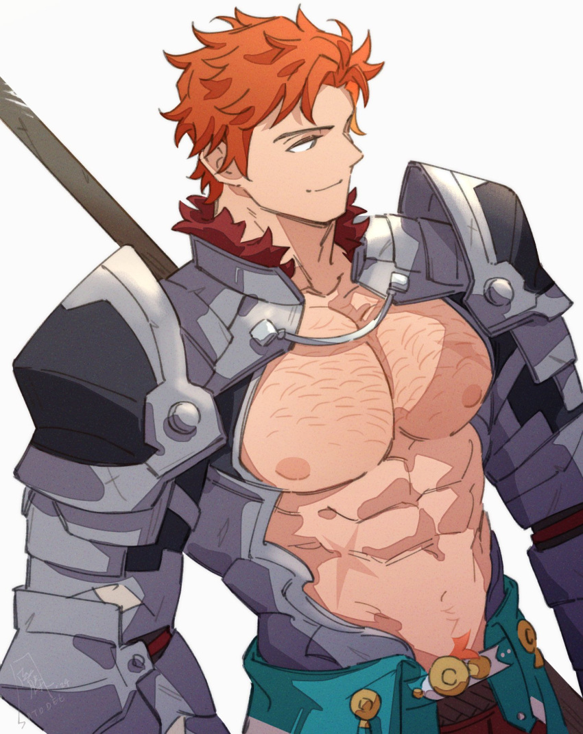 1boy abs alternate_muscle_size armor bara bare_pectorals cross_scar fire_emblem fire_emblem:_three_houses highres looking_to_the_side male_focus nipples pauldrons pectorals polearm_behind_back red_hair satodee scar scar_on_stomach short_hair shoulder_armor solo sparse_chest_hair sparse_navel_hair sylvain_jose_gautier upper_body