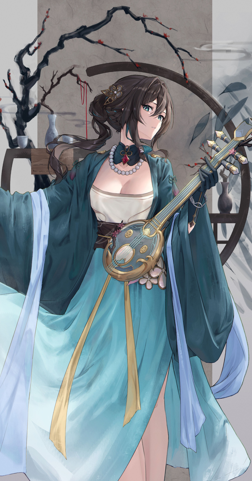 1girl absurdres alternate_costume aqua_dress aqua_eyes bakemonsou beads black_gloves black_hair breasts brown_background brown_hair chinese_clothes cleavage closed_mouth dress duijin_ruqun embroidery gem gloves green_dress grey_background hair_between_eyes hair_bun hair_ornament hanfu head_tilt highres holding holding_instrument instrument jewelry large_breasts long_hair long_sleeves looking_at_viewer loose_clothes necklace pearl_necklace petals pillarboxed porcelain red_gemstone ruan ruan_mei_(honkai:_star_rail) sidelocks simple_background solo standing turning_head wide_sleeves