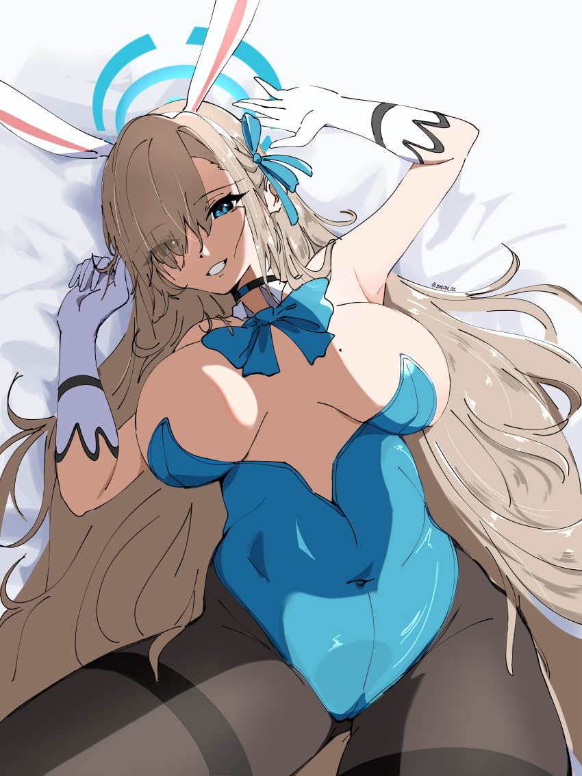 1girl absurdres animal_ears armpits artist_request asuna_(blue_archive) asuna_(bunny)_(blue_archive) black_choker black_pantyhose black_thighhighs blonde_hair blue_archive blue_eyes breasts choker collar detached_collar fake_animal_ears gloves gotoh_(gotoh_02) hair_ornament hair_over_one_eye hair_ribbon halo highres huge_breasts large_breasts long_hair looking_at_viewer lying mole mole_on_breast naughty_face non-web_source official_alternate_costume one_eye_covered pantyhose playboy_bunny rabbit_ears ribbon smile solo thighhighs thighs white_collar white_gloves