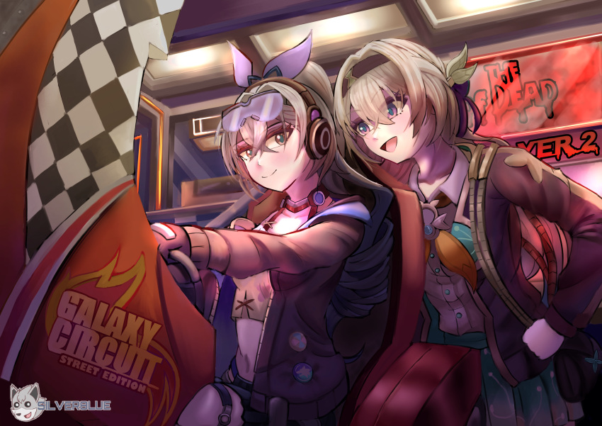 2girls absurdres arcade_cabinet black_hairband bra_strap choker commentary crop_top eyewear_on_head firefly_(honkai:_star_rail) hair_ribbon hairband headphones highres honkai:_star_rail honkai_(series) indoors jacket long_sleeves looking_at_viewer midriff multiple_girls navel neckerchief open_clothes open_jacket purple_ribbon ribbon silver8lue silver_wolf_(honkai:_star_rail) smile stomach sunglasses yellow_neckerchief