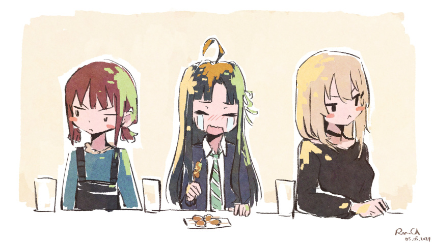 3girls :&lt; absurdres ahoge awa_subaru black_choker black_sweater blue_jacket blue_shirt blush breasts brown_hair choker collared_shirt commentary crying cup dated diagonal-striped_clothes diagonal-striped_necktie food girls_band_cry green_necktie hair_ribbon highres iseri_nina jacket kawaragi_momoka light_brown_hair long_hair long_sleeves low_twintails medium_breasts medium_hair multiple_girls necktie open_clothes open_jacket open_mouth paint_in_hair parted_bangs ribbon rnna shirt short_hair short_twintails sidelocks signature sitting striped_clothes suspenders sweater twintails white_ribbon white_shirt