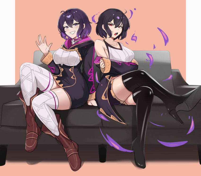 2girls absurdres black_dress black_footwear boots breasts brown_footwear commentary couch crossed_legs dress dual_persona fire_emblem fire_emblem_awakening grin hand_up high_heel_boots high_heels highres long_sleeves looking_at_viewer medium_breasts morgan_(female)_(fire_emblem) morgan_(fire_emblem) multiple_girls pencil_dress purple_eyes purple_hair short_dress short_hair sitting smile tank_top thigh_boots thighhighs thighs white_tank_top white_thighhighs zet_(twt_zet)