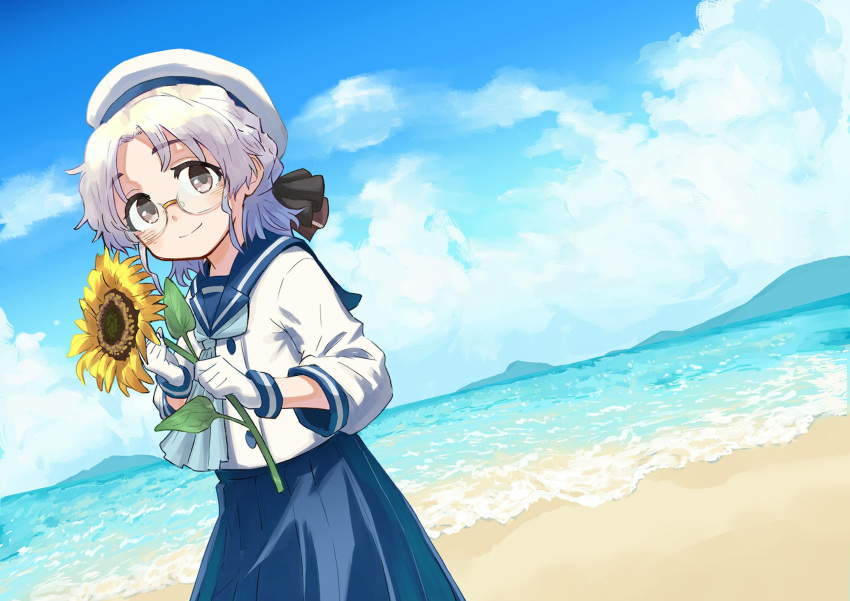 1girl aqua_neckerchief beach blue_hair blue_sailor_collar blue_skirt blue_sky cloud day flower glasses gloves gradient_hair grey_hair hat highres hirato_(kancolle) holding holding_flower kantai_collection kirigaya_yuuji looking_at_viewer multicolored_hair neckerchief ocean outdoors sailor_collar sailor_hat school_uniform serafuku short_hair skirt sky smile solo sunflower white_gloves white_hair