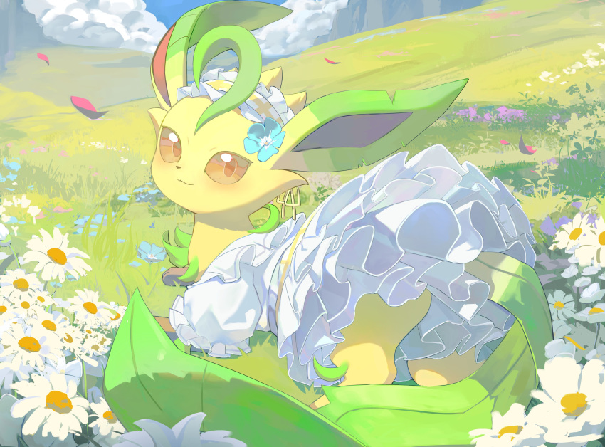 2024 3_toes absurd_res alternative_fashion ambiguous_gender black_nose blush brown_eyes brown_inner_ear brown_paws checkered_style_leafeon clothed clothing country_lolita daww detailed_background digital_media_(artwork) digital_painting_(artwork) dress eeveelution feet feral flong fur fur_tuft generation_4_pokemon glistening glistening_eyes green_ears green_tail hi_res holowear_(pokemon) j-fashion kemono leaf leaf_ears leaf_tail leafeon lolita_(fashion) looking_at_viewer looking_back lying nintendo on_side pokemon pokemon_(species) pokemon_unite quadruped shadow smile solo tail tan_body tan_fur toes tuft