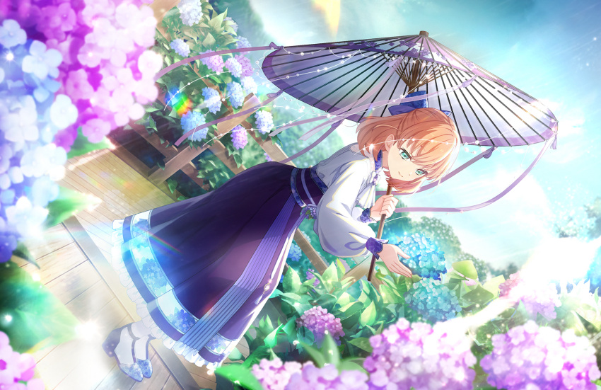 1girl after_rain ame_to_ajisai_ni_utaeba_(love_live!) aqua_eyes ascot blue_sky closed_mouth crossed_bangs dutch_angle flower frilled_skirt frills game_cg half-closed_eyes highres hinoshita_kaho holding holding_umbrella hydrangea leaning_forward lens_flare link!_like!_love_live! long_skirt long_sleeves looking_at_object love_live! medium_hair official_art oil-paper_umbrella orange_hair puffy_long_sleeves puffy_sleeves purple_skirt shirt skirt sky smile socks solo standing third-party_source two_side_up umbrella white_ascot white_shirt white_socks