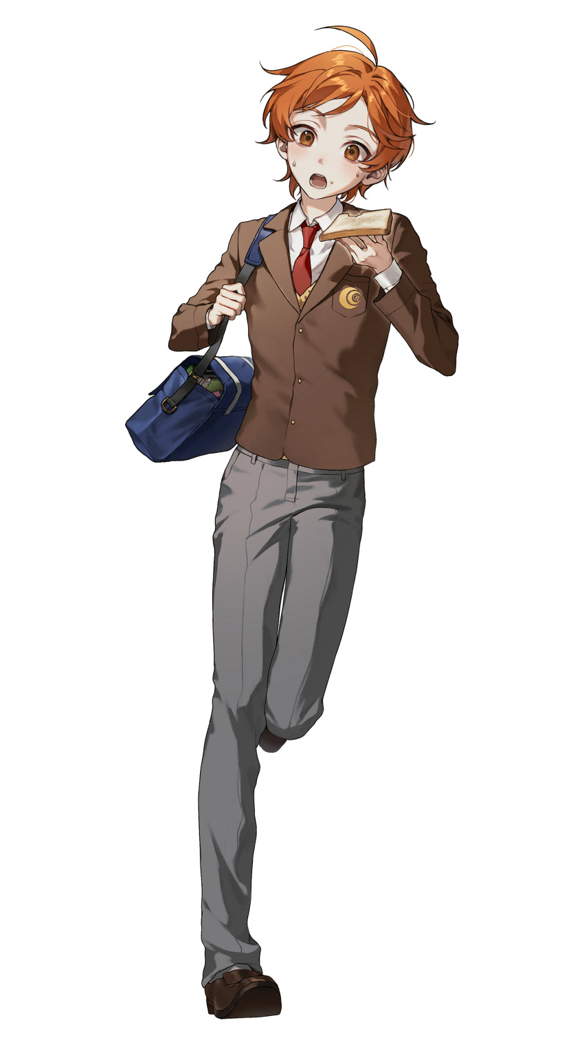 1boy absurdres ahoge bag blazer blue_bag bread bread_slice brown_eyes brown_footwear brown_jacket brown_sleeves bsgkstnals03 buttons coattails collared_jacket collared_shirt commentary crescent_print crest crumbs danganronpa_(series) denim eating food full_body grey_pants highres holding holding_bag holding_food jacket jeans layered_sleeves long_sleeves looking_at_viewer maeda_yuki male_focus necktie nervous open_mouth orange_hair pants pocket red_necktie school_bag shirt shoes short_hair shoulder_bag simple_background solo super_danganronpa_another_2 sweat teeth toast white_background white_shirt