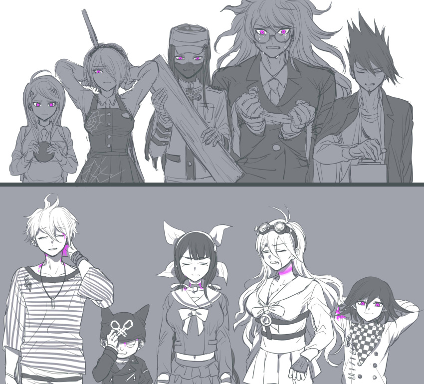 4girls 6+boys ^_^ ahoge akamatsu_kaede amami_rantaro androgynous antenna_hair apron arm_behind_head arm_belt arms_behind_head backpack bag ball bandaged_hand bandages beanie bell belt blood blood_drip blood_on_neck bow bowtie bracelet breasts brooch broom buttons chabashira_tenko chain checkered_clothes checkered_scarf choker cleavage clenched_teeth closed_eyes closed_mouth coat_partially_removed coattails collarbone collared_jacket collared_shirt commentary_request covered_mouth cowboy_shot crest crying crying_with_eyes_open danganronpa_(series) danganronpa_v3:_killing_harmony double-breasted ear_piercing expressionless facial_hair fingerless_gloves flower frilled_shirt_collar frilled_skirt frilled_sleeves frills frown gakuran glasses gloves goatee goggles goggles_on_head gokuhara_gonta grey_background greyscale hair_between_eyes hair_bow hair_ornament hair_over_one_eye hairband hand_on_headwear hand_on_own_neck hat height_difference highres holding holding_ball holding_broom holding_paper horned_hat hoshi_ryoma incoming_attack injury iruma_miu jacket jewelry lace-trimmed_hairband lace_trim large_breasts layered_sleeves leather leather_jacket long_hair long_sleeves mask melodyguru messy_hair midriff miniskirt mole mole_under_mouth momota_kaito monochrome mouth_mask multicolored_buttons multiple_boys multiple_girls musical_note musical_note_hair_ornament navel neck_bell necktie nervous_smile o-ring o-ring_belt oma_kokichi open_clothes open_jacket pansy paper peaked_cap pendant piercing pink_blood pink_eyes pleated_skirt pocket round_eyewear sailor_collar scarf school_uniform serafuku shinguji_korekiyo shirt short_hair sidelocks simple_background skirt skirt_set smile spider_web_print spiked_hair spoilers spot_color straight-on straight_hair striped_clothes striped_shirt striped_sleeves studded_gloves suit teardrop tears teeth toilet_paper tojo_kirumi two-tone_background vest wavy_hair white_background wood zipper