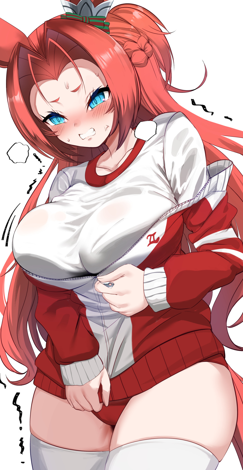 1girl absurdres animal_ears blue_eyes blush bow braid buruma clenched_teeth commentary_request ear_bow green_bow gym_shirt gym_uniform highres horse_ears horse_girl horse_tail kawakami_princess_(umamusume) long_hair maou_(maoudaisukiya) red_buruma red_hair shirt simple_background solo striped_bow tail teeth thighhighs thighs tracen_training_uniform umamusume veins white_background white_shirt white_thighhighs zipper