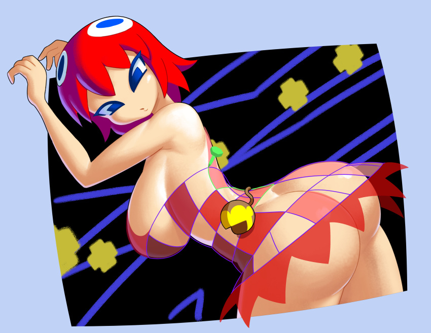 1girl absurdres arms_up ass bad_link blinky_(pac-man) blue_eyes breasts commentary dress highres large_breasts looking_at_another medium_hair minuspal no_bra no_panties open_mouth pac-man pac-man_(game) red_dress red_hair standing