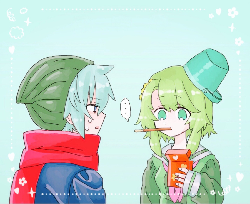 ... 1boy 1girl beanie blue_eyes blue_hair bucket bucket_on_head food food_in_mouth green_eyes green_hair hair_ornament hat highres hiyori_sou holding kimi_ga_shine kizuchi_kanna long_sleeves mouth_hold neckerchief object_on_head open_mouth pocky pocky_in_mouth scarf school_uniform serafuku short_hair short_hair_with_long_locks spoken_ellipsis sweat yume_ha_imamo