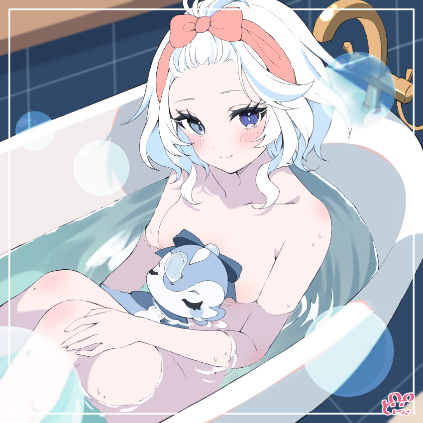 1girl absurdres bathing bathroom bathtub blue_eyes border breasts bubble completely_nude dodosako feet_out_of_frame from_above furina_(genshin_impact) genshin_impact hair_up heterochromia highres inset_border nude partially_submerged signature small_breasts smile solo surintendante_chevalmarin towel towel_on_head white_border