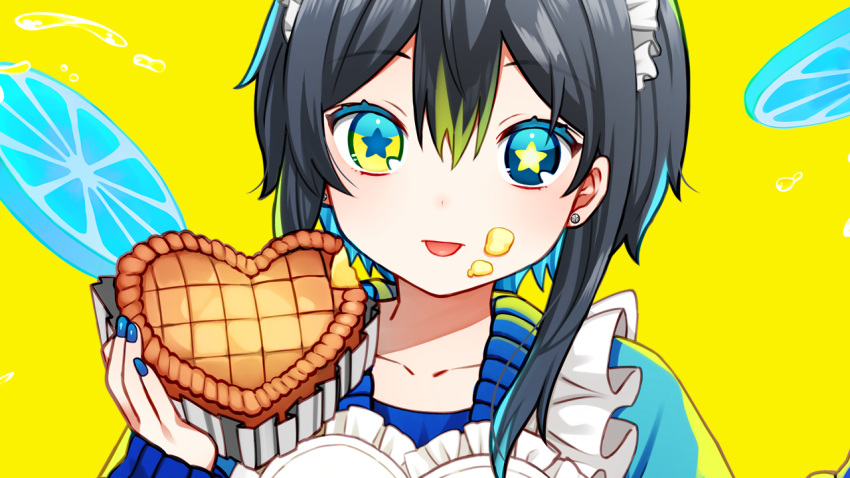 1girl apron black_hair blue_eyes blue_hair blue_nails blue_sweater commentary_request earrings food frilled_apron frills green_hair hand_up heterochromia holding holding_food indie_virtual_youtuber jewelry kurata_rine kuratarine looking_at_viewer maid_headdress multicolored_hair nail_polish simple_background sleeves_past_wrists solo star-shaped_pupils star_(symbol) streaked_hair stud_earrings sweater symbol-shaped_pupils tongue tongue_out two-tone_hair upper_body virtual_youtuber white_apron yellow_background yellow_eyes