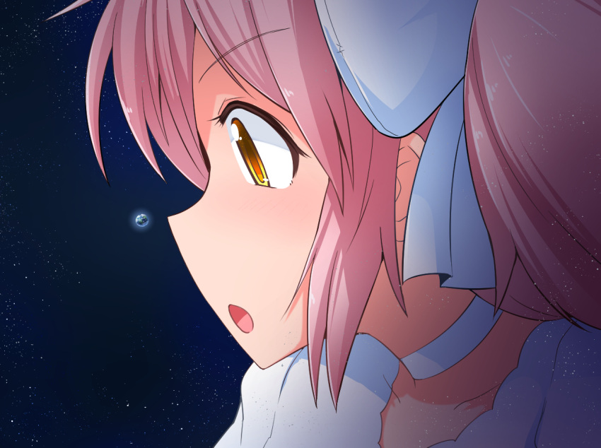 1girl :o bow choker commentary_request earth_(planet) giant giantess hair_bow kaname_madoka mahou_shoujo_madoka_magica open_mouth orange_eyes paid_reward_available pink_hair planet profile solo space terada_ochiko ultimate_madoka white_choker