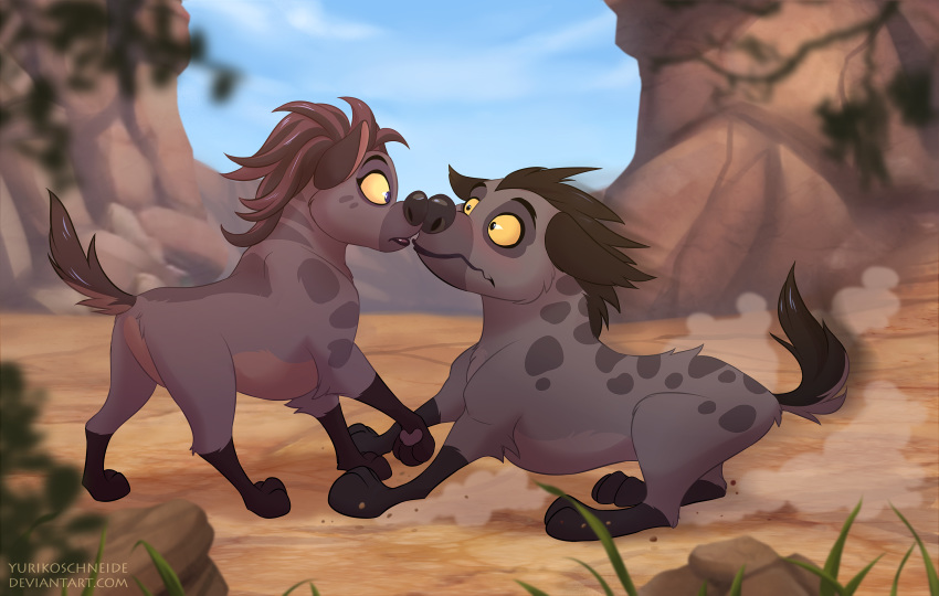 all_fours detailed_background disney duo featureless_crotch female feral hi_res hyaenid imminent_kiss janja jasiri_(tlg) looking_at_another male mammal open_mouth outside pawpads paws raised_tail spotted_hyena the_lion_guard the_lion_king yurikoschneide