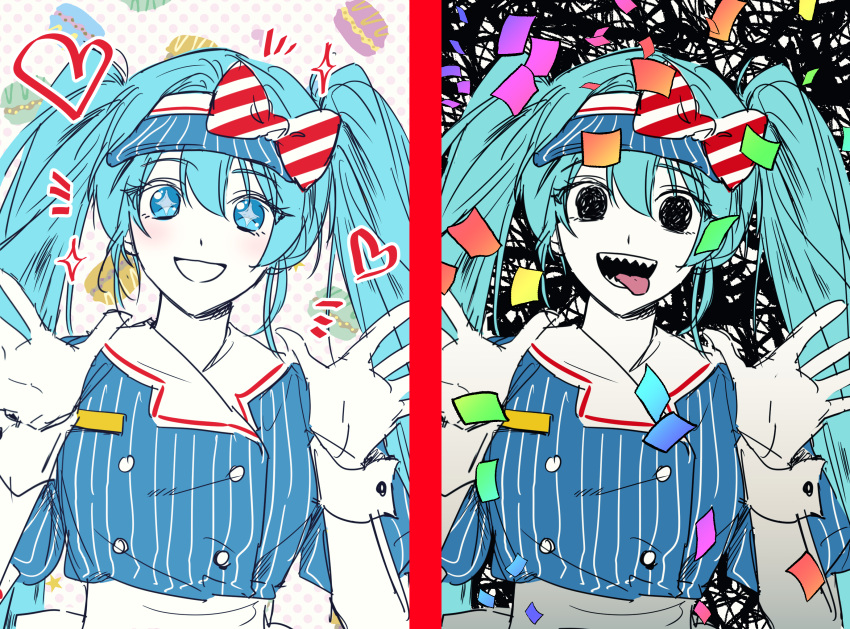 :d aqua_eyes aqua_hair black_mouth blue_dress bow collared_shirt crazy dress empty_eyes eyelashes hat hatsune_miku hesann highres long_hair mesmerizer_(vocaloid) pinstripe_dress pinstripe_hat pinstripe_pattern red_bow sharp_teeth shirt smile star_(symbol) star_in_eye striped_bow striped_clothes striped_shirt symbol_in_eye teeth twintails vertical-striped_clothes very_long_hair visor_cap vocaloid white_bow