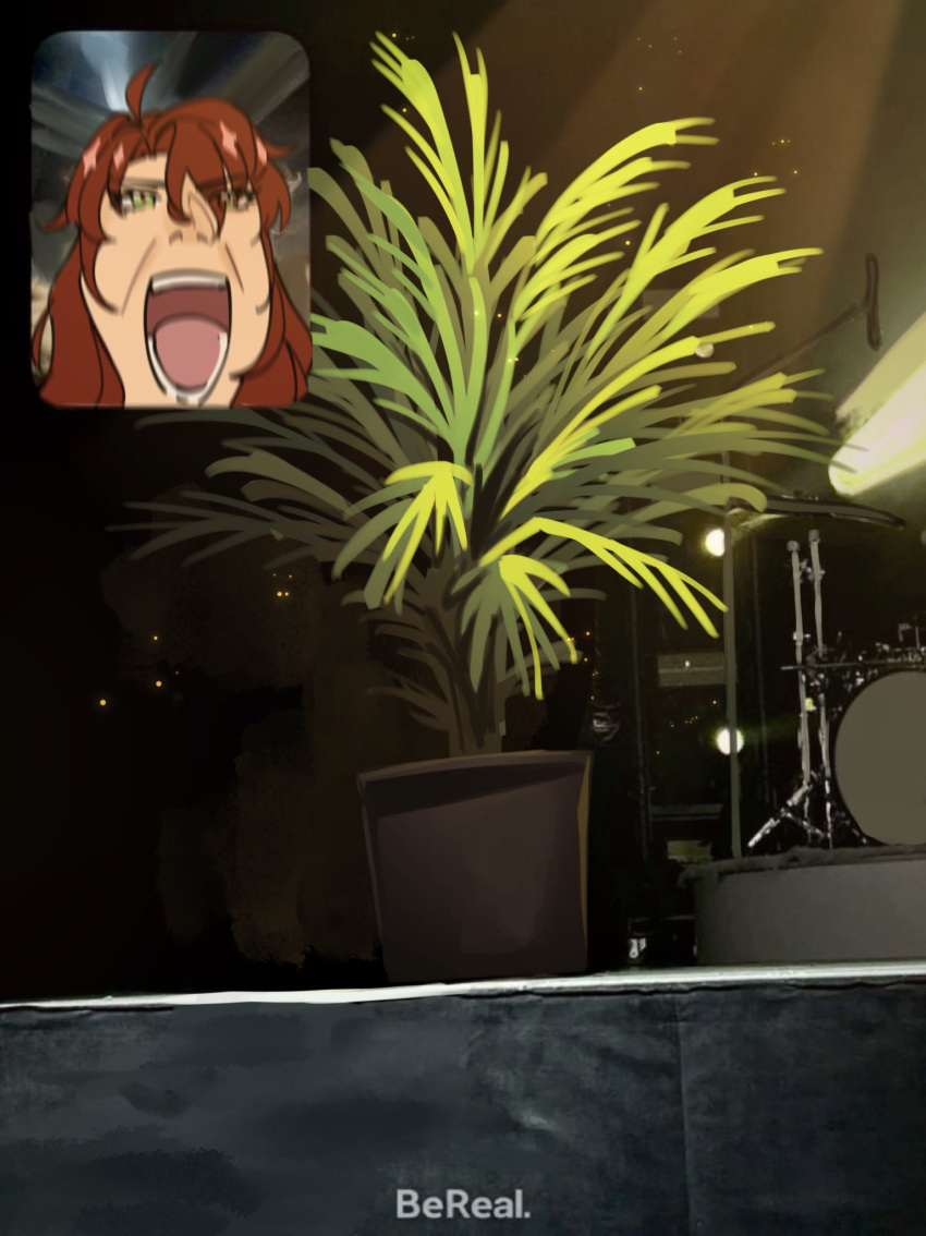 1boy argenti_(honkai:_star_rail) bereal commentary drum drum_set english_commentary fan_screaming_at_madison_beer_(meme) green_eyes highres honkai:_star_rail honkai_(series) inset instrument long_hair meme minmini open_mouth photo_background plant potted_plant red_hair screaming solo