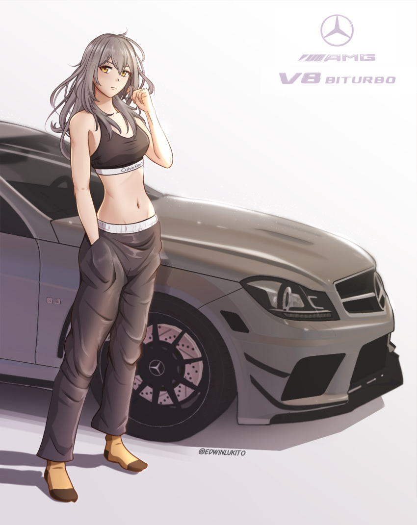 1girl bare_arms bare_shoulders black_pants calvin_klein car commentary crop_top full_body grey_background grey_hair hand_up highres honkai:_star_rail honkai_(series) jazzer_edwin long_hair looking_at_viewer midriff motor_vehicle navel orange_socks pants shadow socks solo sports_bra standing stelle_(honkai:_star_rail) stomach trailblazer_(honkai:_star_rail) yellow_eyes