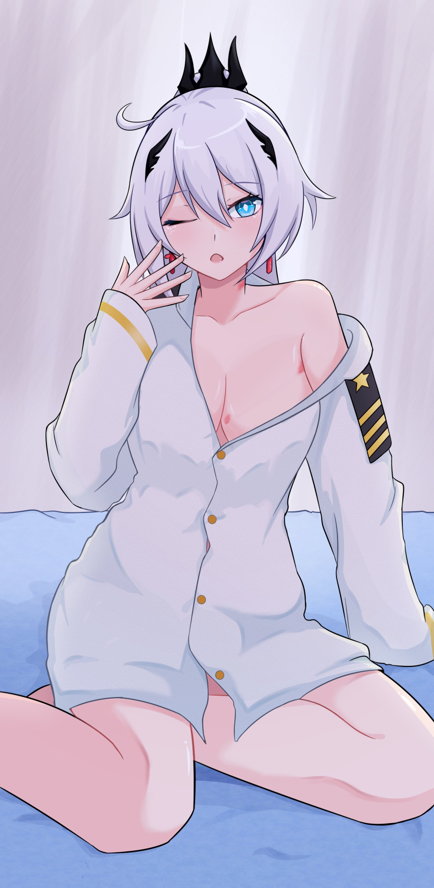 +_+ absurdres ahoge bed blue_eyes breasts cleavage commission earrings english_commentary eruda_erudia hair_ornament highres honkai_(series) honkai_impact_3rd indoors jacket jewelry kiana_kaslana kiana_kaslana_(herrscher_of_flamescion) long_hair long_sleeves looking_at_viewer medium_breasts one_eye_closed open_mouth ponytail second-party_source very_long_hair white_hair white_jacket