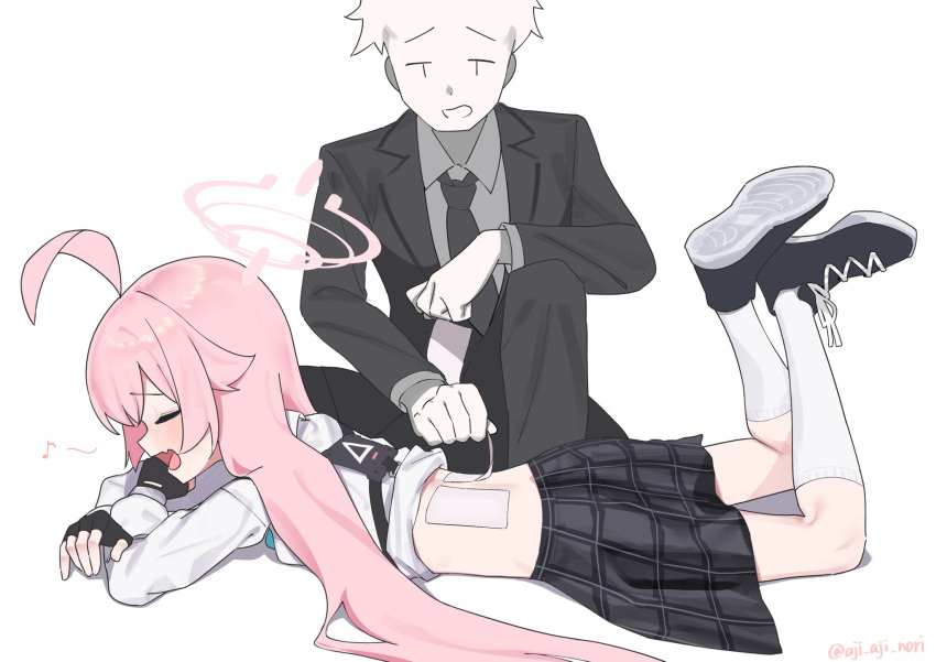 1boy 1girl ahoge aji_aji_nori back black_footwear black_necktie black_skirt blue_archive blush closed_eyes collared_shirt eighth_note fang halo highres hoshino_(blue_archive) legs_up long_sleeves musical_note necktie open_mouth pink_hair pink_halo pleated_skirt sensei_(blue_archive) shirt shoes simple_background skin_fang skirt socks twitter_username white_background white_shirt white_socks