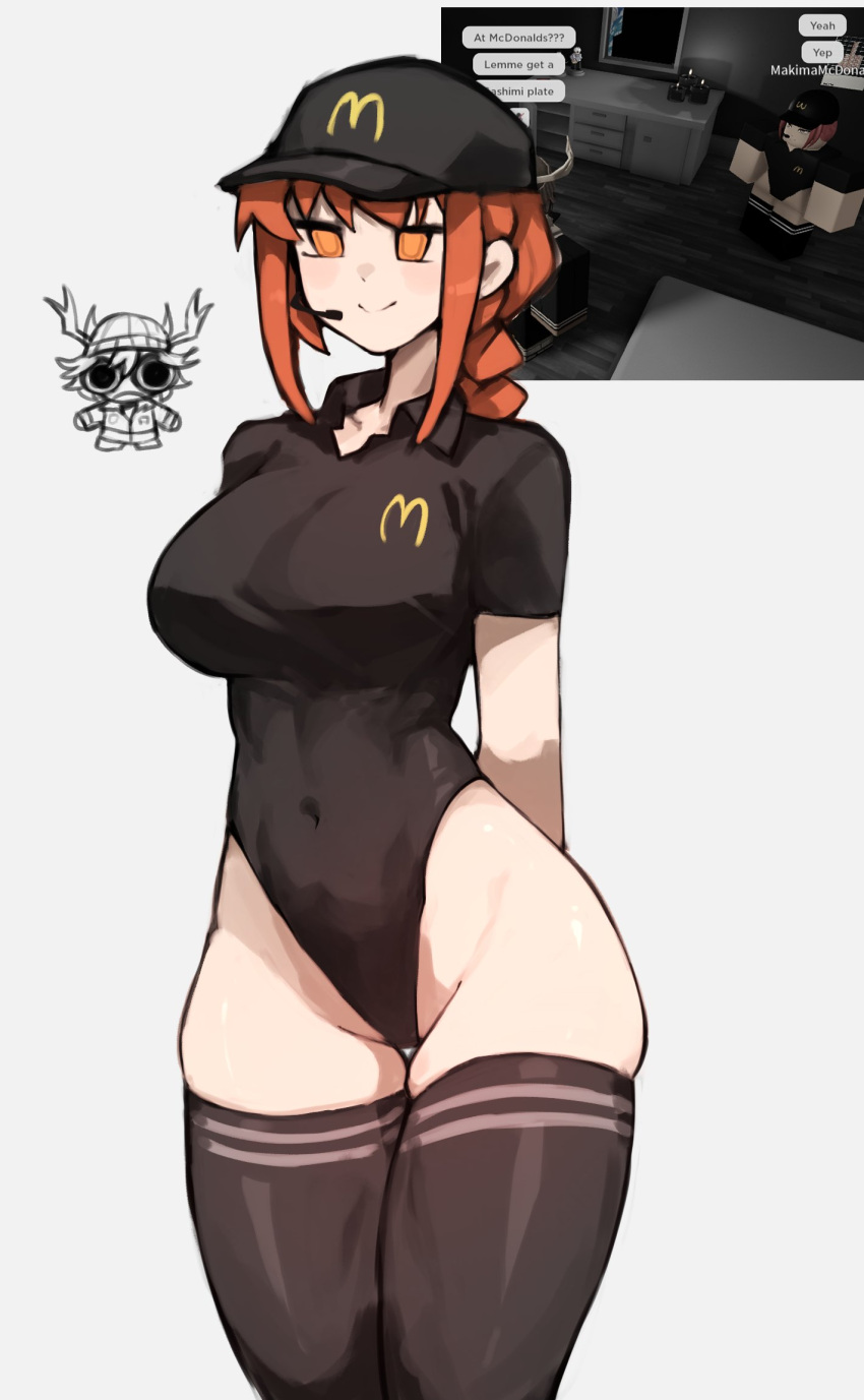 1girl black_leotard cameltoe character_request collared_shirt hat headpiece highres leotard makima_(chainsaw_man) mcdonald's orange_eyes orange_hair roblox shigezie shirt simple_background striped_clothes striped_thighhighs thick_thighs thighhighs thighs waitress white_background