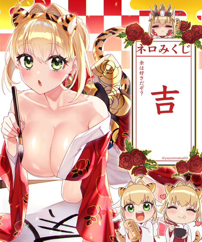 2girls absurdres ahoge animal_ears animal_print blonde_hair blush breasts calligraphy_brush chibi chopsticks cleavage commentary_request crown fate/extra fate/grand_order fate/grand_order_arcade fate_(series) green_eyes hair_intakes highres huge_breasts japanese_clothes kimono large_breasts looking_at_viewer multiple_girls nero_claudius_(bride)_(fate) nero_claudius_(fate) nero_claudius_(fate/extra) nero_claudius_(swimsuit_caster)_(fate) omikuji open_mouth paintbrush queen_draco_(fate) red_eyes tail tiger_ears tiger_print tiger_tail translated yayoi_maka