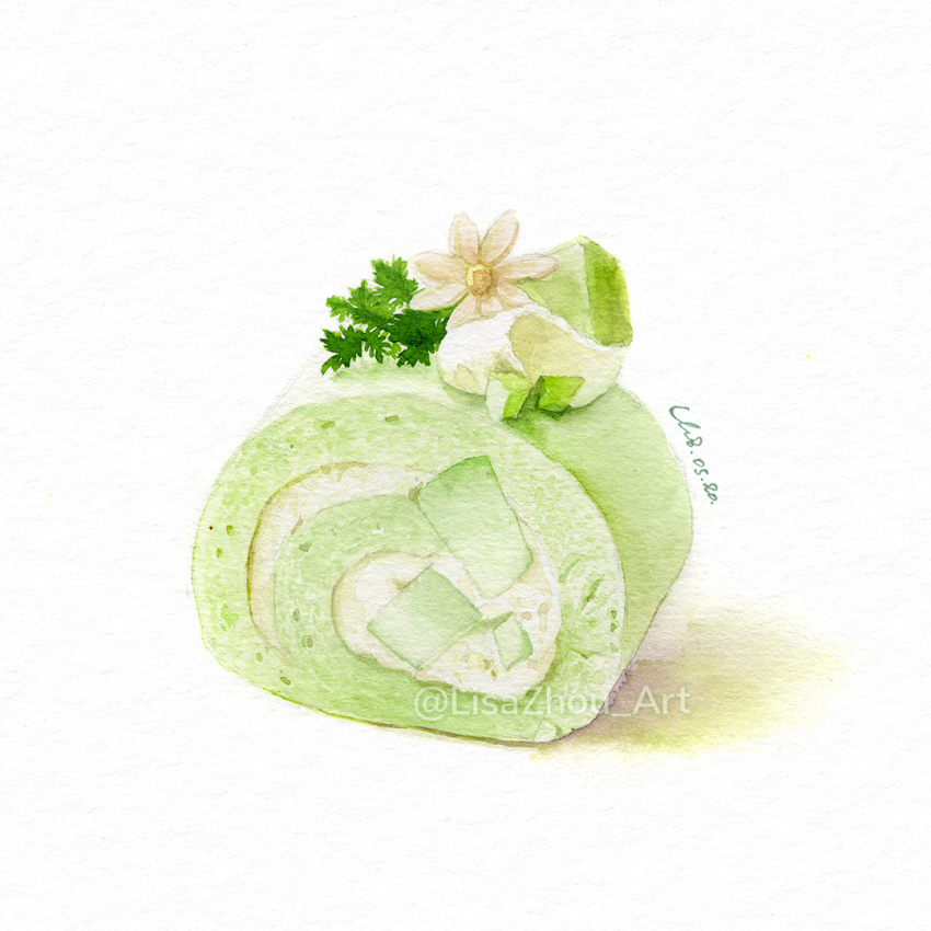 cake flower food food_focus lisazhou_art no_humans original painting_(medium) pastry simple_background swiss_roll traditional_media watercolor_(medium) white_background