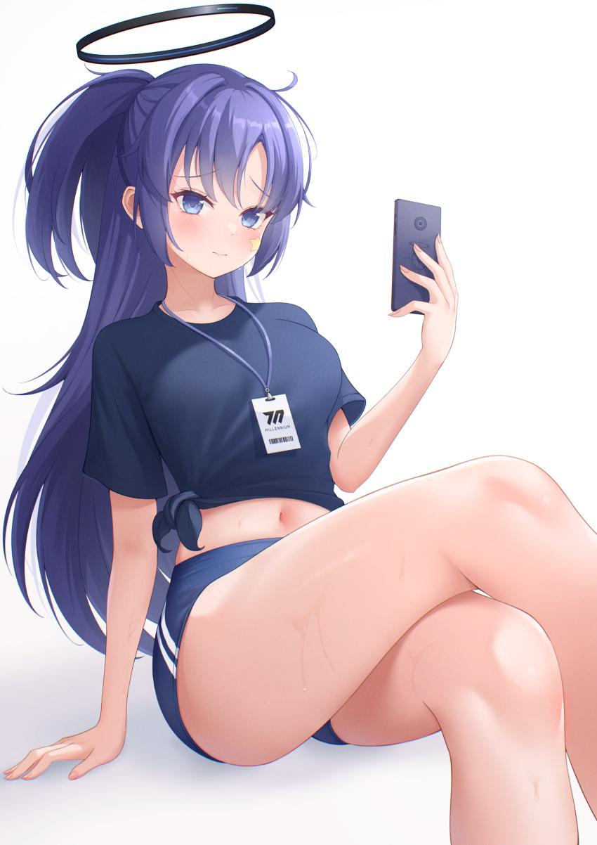 1girl 3: absurdres arm_at_side ass between_legs blue_archive blue_buruma blue_eyes blue_shirt blush breasts bright_pupils buruma cellphone closed_mouth commentary_request crossed_legs curvy eyelashes fingernails frown furrowed_brow gym_uniform half_updo halo hand_up highres holding holding_phone id_card lips long_hair looking_at_viewer mechanical_halo medium_breasts meyrink navel official_alternate_costume official_alternate_hairstyle parted_bangs phone revision shirt short_ponytail short_sleeves sidelocks signature simple_background sitting smartphone solo sweat thighs tsurime twitter_username very_long_hair white_background yuuka_(blue_archive) yuuka_(track)_(blue_archive)