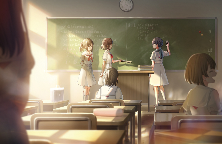 6+girls analog_clock black_eyes black_hair blue_hair blue_ribbon blurry blurry_foreground board_eraser bob_cut brown_hair chair chalkboard classroom cleaning clock closed_mouth dark_blue_hair depth_of_field desk dress game_cg giving hair_ribbon half_updo hasu_no_sora_school_uniform highres holding holding_notebook indoors link!_like!_love_live! long_hair looking_at_another love_live! low_twintails math medium_dress multiple_girls murano_sayaka neckerchief notebook official_art open_mouth pleated_dress ponytail red_neckerchief ribbon sailor_collar sailor_dress school_chair school_desk school_uniform short_hair short_sleeves sidelocks socks standing summer_uniform third-party_source twintails virtual_youtuber wall_clock white_dress white_sailor_collar white_socks window_shadow