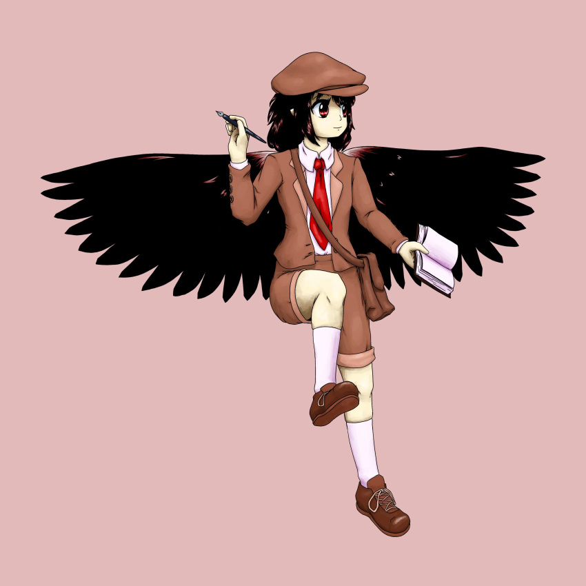 1girl absurdres bag bird_wings black_hair black_wings brown_bag brown_footwear brown_hat brown_jacket brown_shorts closed_mouth cobalt288 collared_shirt english_commentary feathered_wings flat_cap full_body happy hat highres holding holding_notebook holding_pen jacket kneehighs long_sleeves necktie nib_pen_(object) notebook official_alternate_costume open_clothes open_jacket pen pink_background pointy_ears red_necktie shameimaru_aya shameimaru_aya_(newsboy) shirt shoe_soles short_hair shorts shoulder_bag simple_background smile socks solo suit_jacket touhou white_socks wings zun_(style)