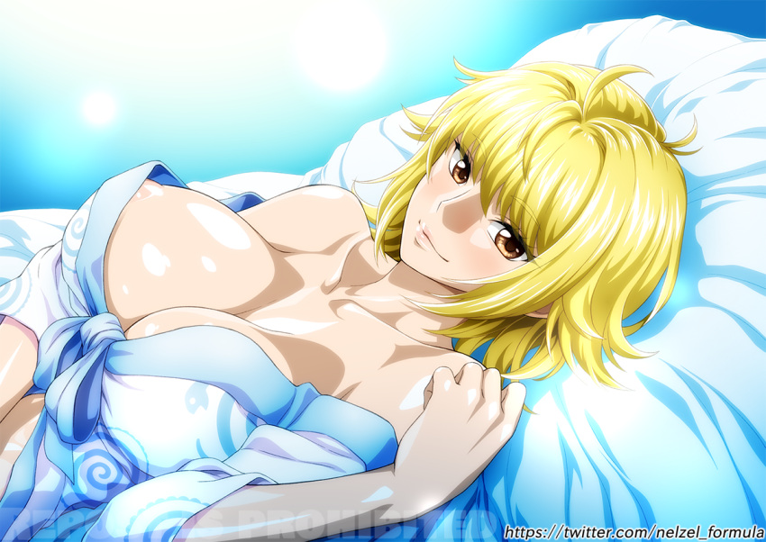 1girl blonde_hair blue_background breasts brown_eyes cleavage collarbone large_breasts lips looking_at_viewer lying marguerite_(one_piece) nel-zel_formula nipple_slip nipples on_back one_piece pillow short_hair smile solo upper_body