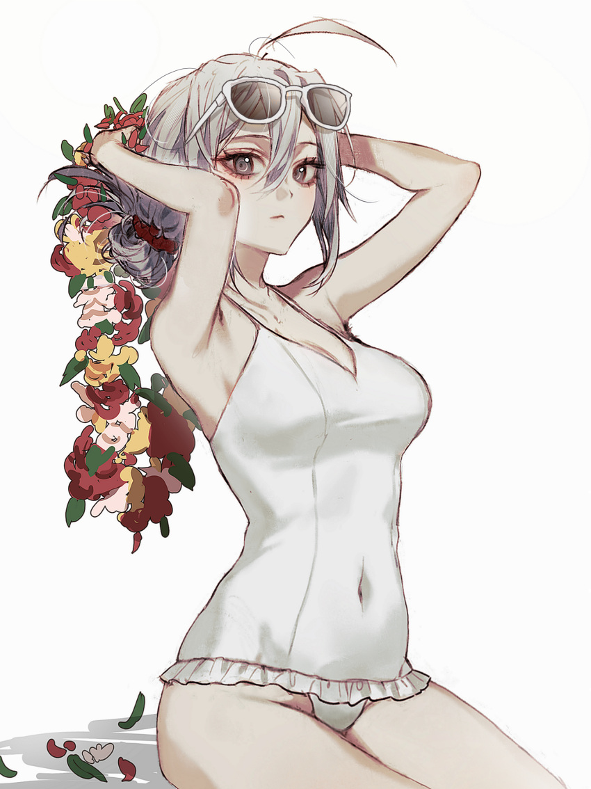 1girl ahoge alternate_costume arms_behind_head bare_arms bare_shoulders breasts brown_eyes bsgkstnals03 cleavage closed_mouth collarbone cowboy_shot danganronpa_(series) expressionless eyelashes eyewear_on_head flower frilled_one-piece_swimsuit frills hair_between_eyes hair_bun hair_ornament hair_scrunchie highres holding holding_behind_back holding_wrench large_breasts leaf light_frown navel one-piece_swimsuit petals red_flower red_scrunchie scrunchie shadow short_hair simple_background single_hair_bun sitting solo sora_(super_danganronpa_another_2) sunglasses super_danganronpa_another_2 swimsuit thighs white-framed_eyewear white_background white_flower white_hair white_one-piece_swimsuit wrench yellow_flower