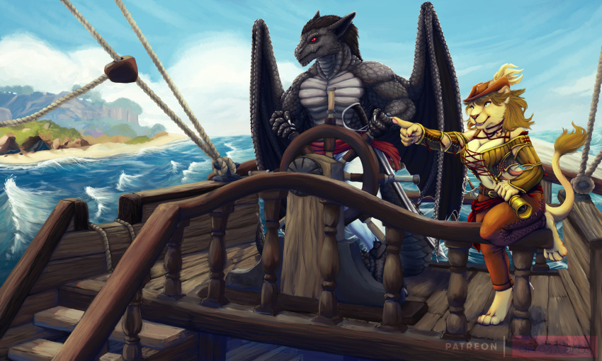 2020 5:3 anthro black_body black_scales boat brown_hair clothed clothing dragon felid female fully_clothed fur hair hi_res island lion male mammal nakoo pantherine pirate scales sea ship vehicle water wings yellow_body yellow_fur